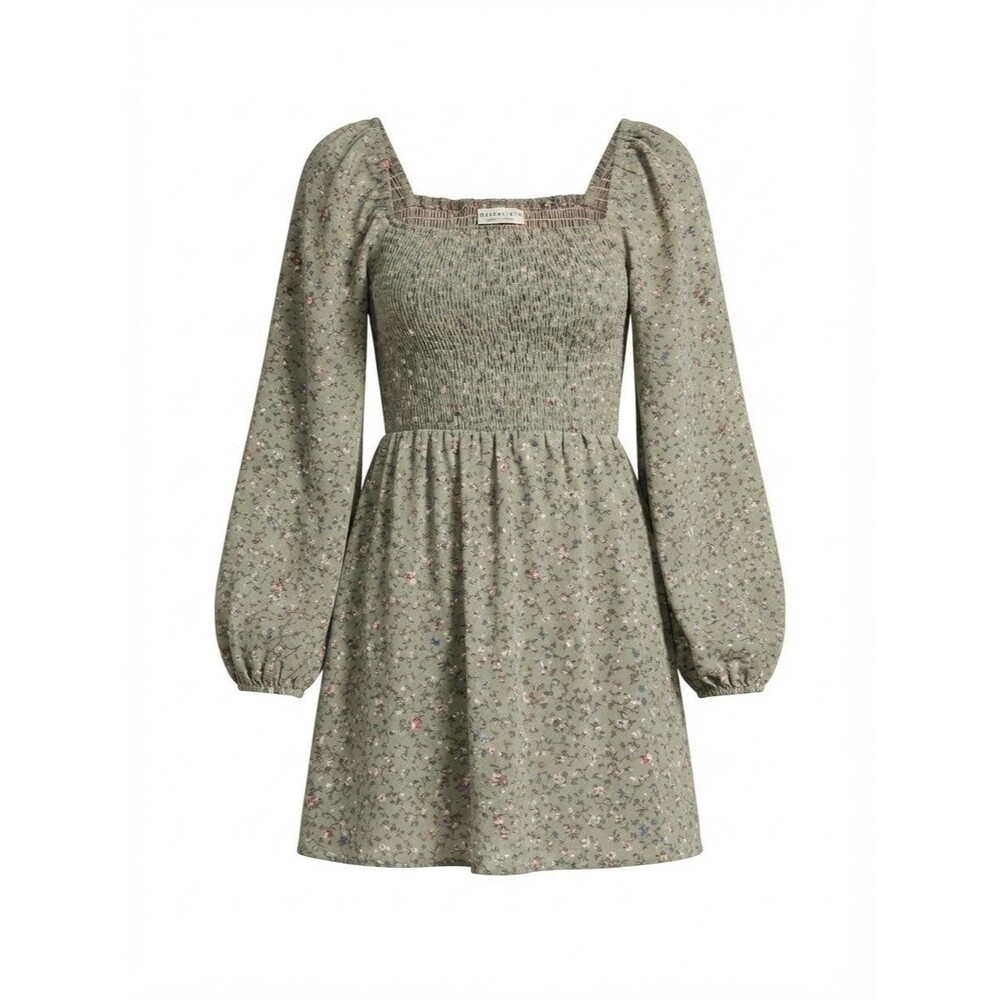 Paper Crane Green Floral Smocked Square Neck Long Sleeve M Casual Boho